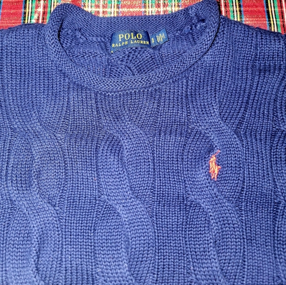Ralph Lauren Polo Cable Knit Sweater Red Pony Navy Medium Preppy Like New - Picture 9 of 14